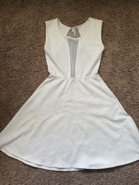 Kirra White Embossed Floral A-Line Mini Dress with Center Mesh Panel